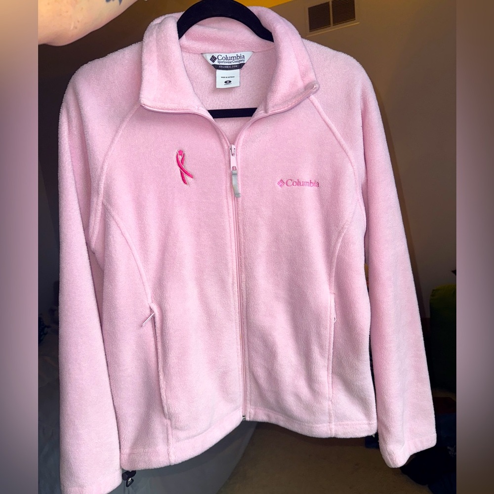 Breast Cancer Ribbon - Pink Fleece Columbia Jacket Size Medium Zipper Pockets